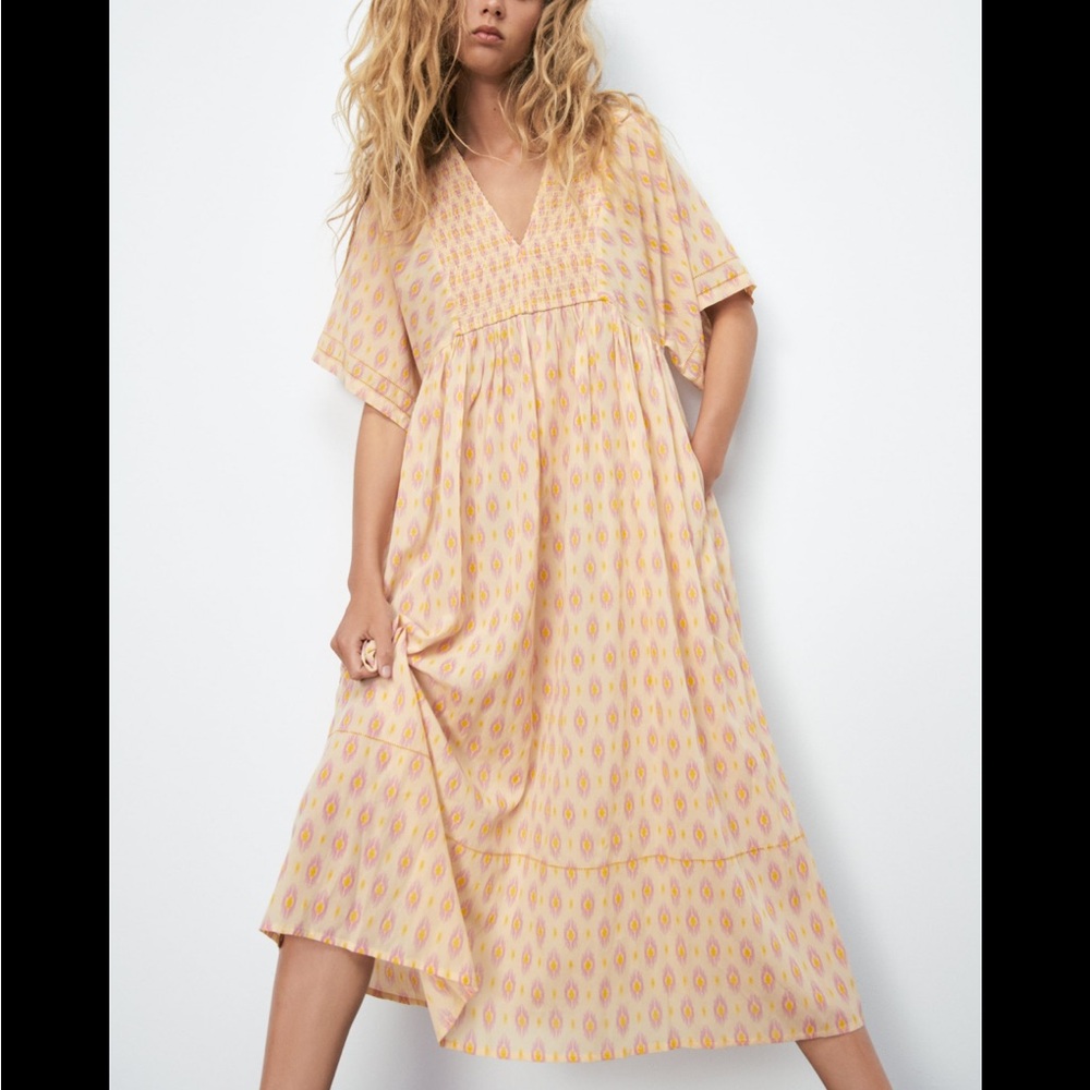 Zara Pink Yellowish Geometric Print Oversized Smock Front ViscoseCotton Dress XS